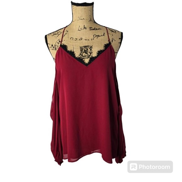 Red Cold Shoulder Black Lace Trim Chiffon Sleeve Express Top Medium - Picture 2 of 9